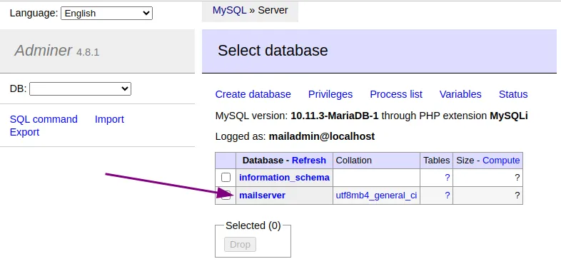 Create a database in Adminer